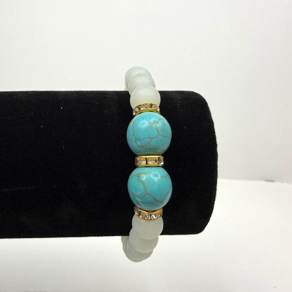 Turquoise Cold Stone Glass Beaded Bracelet Gold Tone Pave Accent Jewelry 6.25